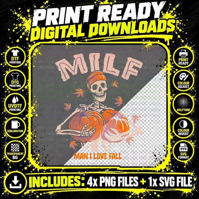 MILF Man I Love Fall Funny Spooky Skeleton Pumpkin Png SVG Digital Bundle