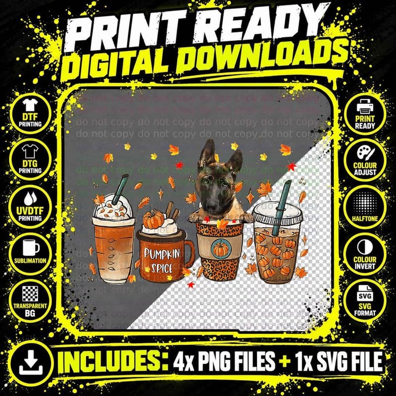 Malinois Fall Coffee Pumpkin Spice Latte Iced Autumn Png SVG Digital Bundle