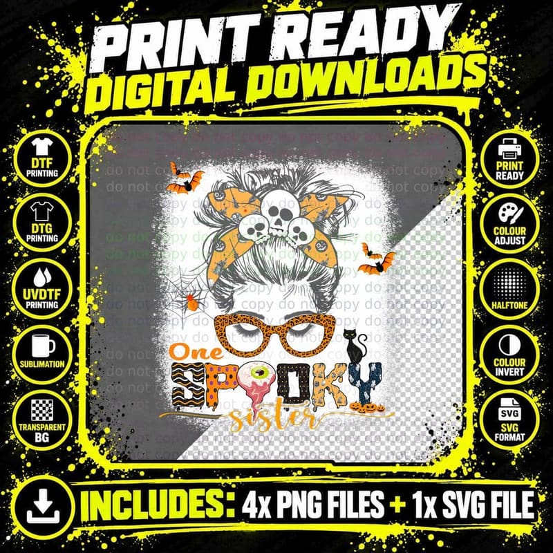 Matching Family Halloween Costumes One Spooky Sister Png SVG Digital Bundle