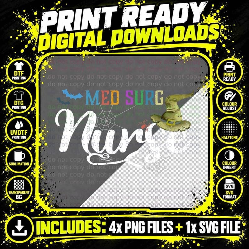 Med Surg Nurse Witch Vintage Halloween RN Matching Png SVG Digital Bundle