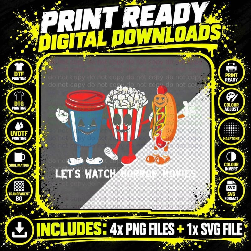 Men Scary Spooky Halloween Let's Watch Horror Movies Png SVG Digital Bundle