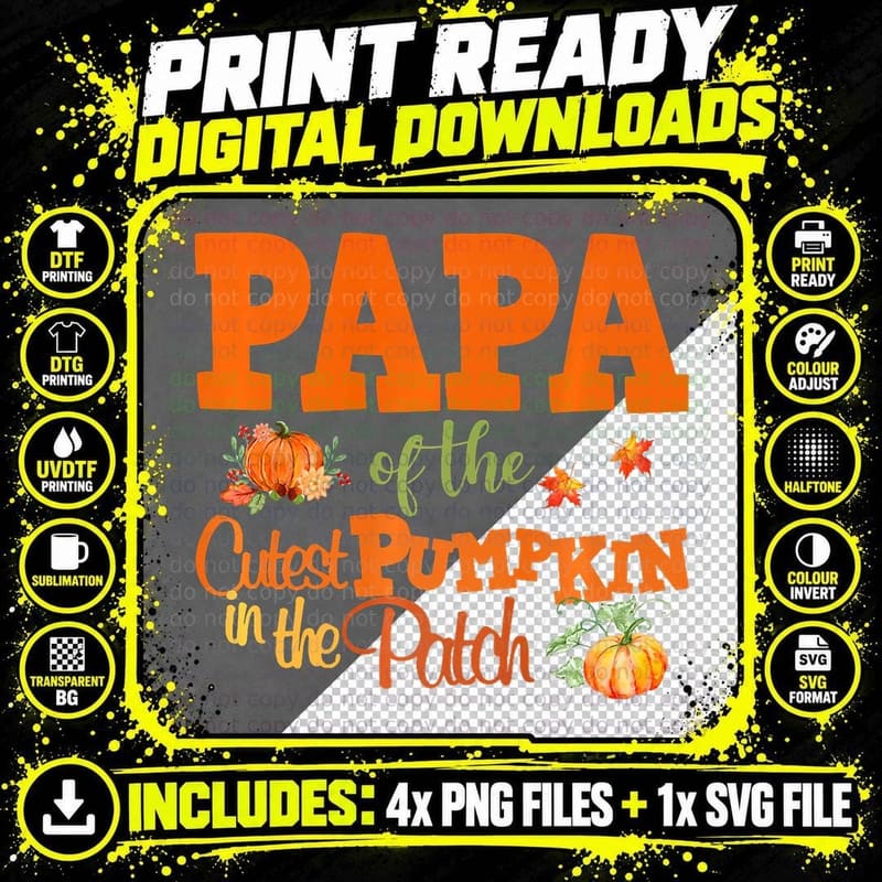 Mens Papa of the Cutest Pumpkin in the Patch Fall Season Png SVG Digital Bundle