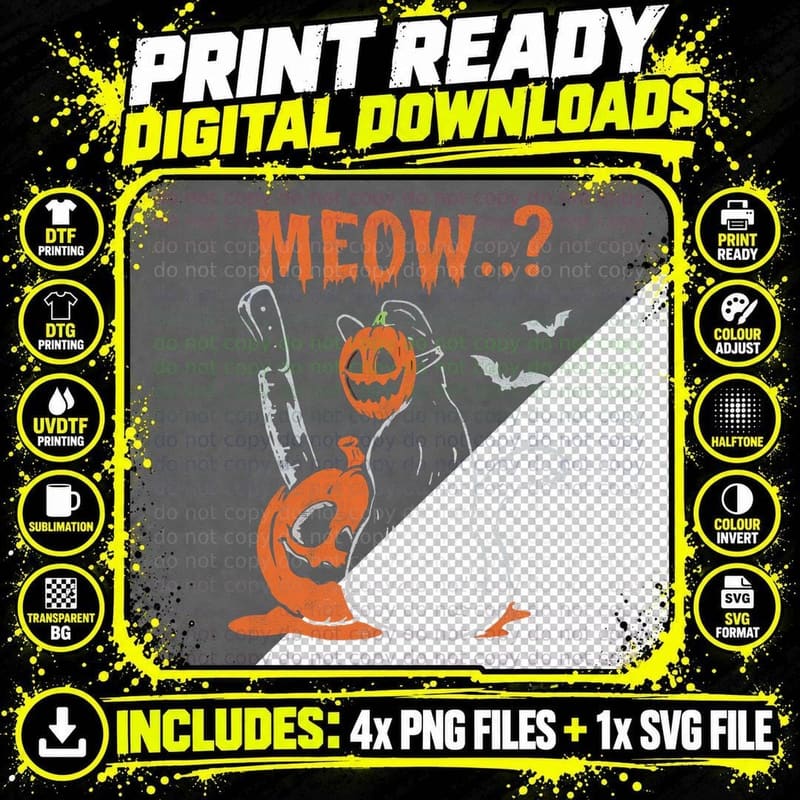 Meow Scary Black Cat Pumpkin Halloween Retro Spooky Png SVG Digital Bundle