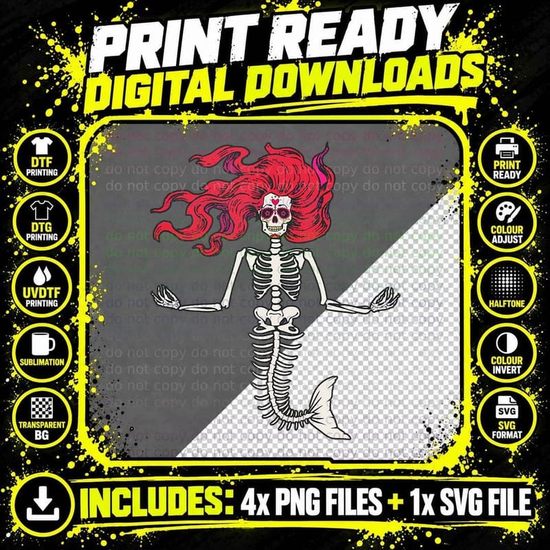 Mermaid Halloween Zombie Skeleton Goth Sugar Skull Pink Png SVG Digital Bundle