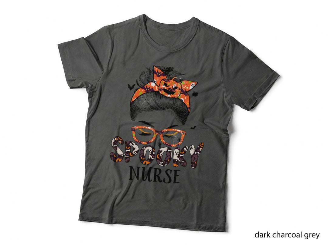 Messy Bun Spooky Nurse Women Pumpkin Halloween Bat T-Shirt
