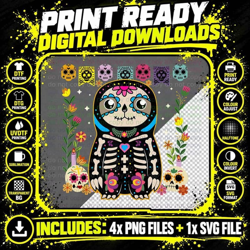 Mexican Calavera Sugar Skull Sloth Dia De Muertos Png SVG Digital Bundle