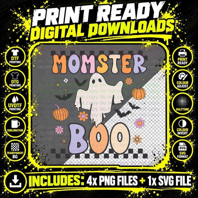 Momster Boo Retro Groovy Ghost Halloween Family Matching Png SVG Digital Bundle