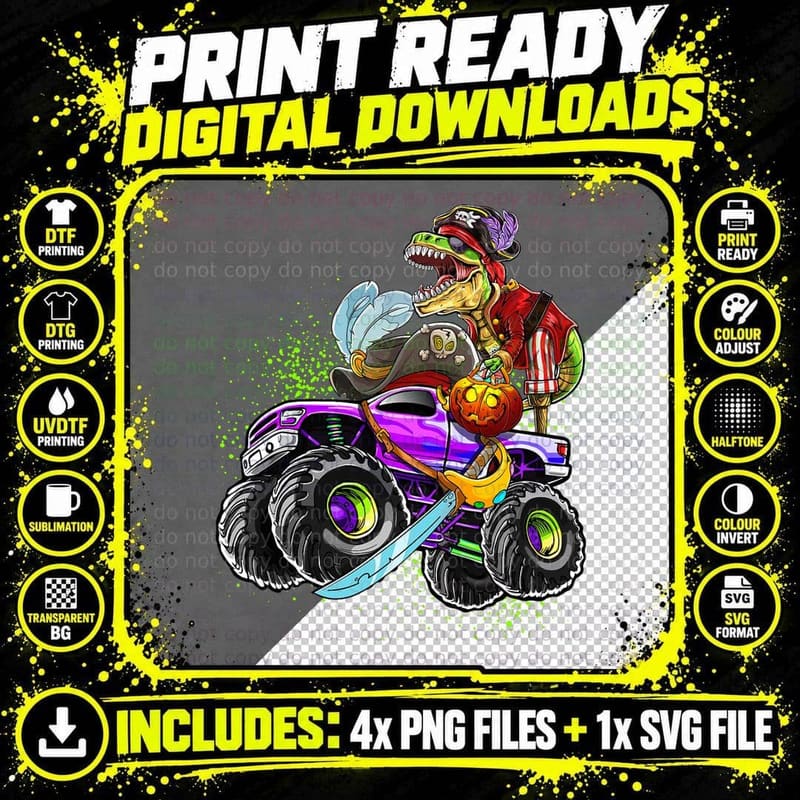 Monster Truck Dinosaur Pirate Halloween Trick-Or-Treat Png SVG Digital Bundle