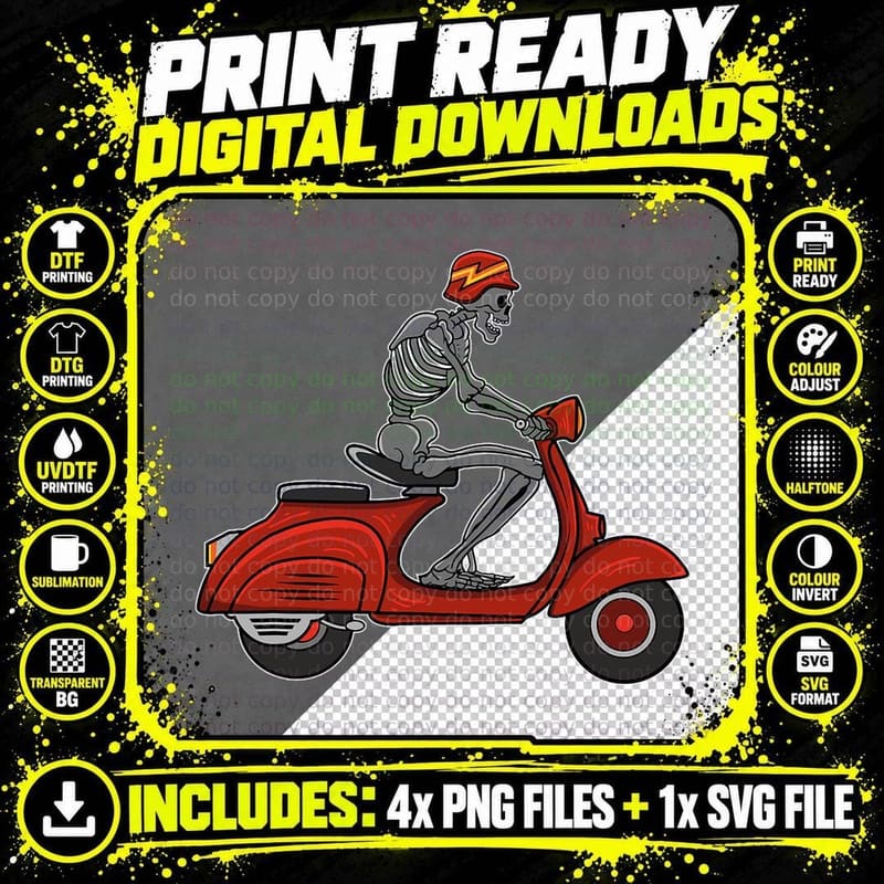 Motorcycle Scooter Skull Biker Riding Halloween Skeleton Png SVG Digital Bundle