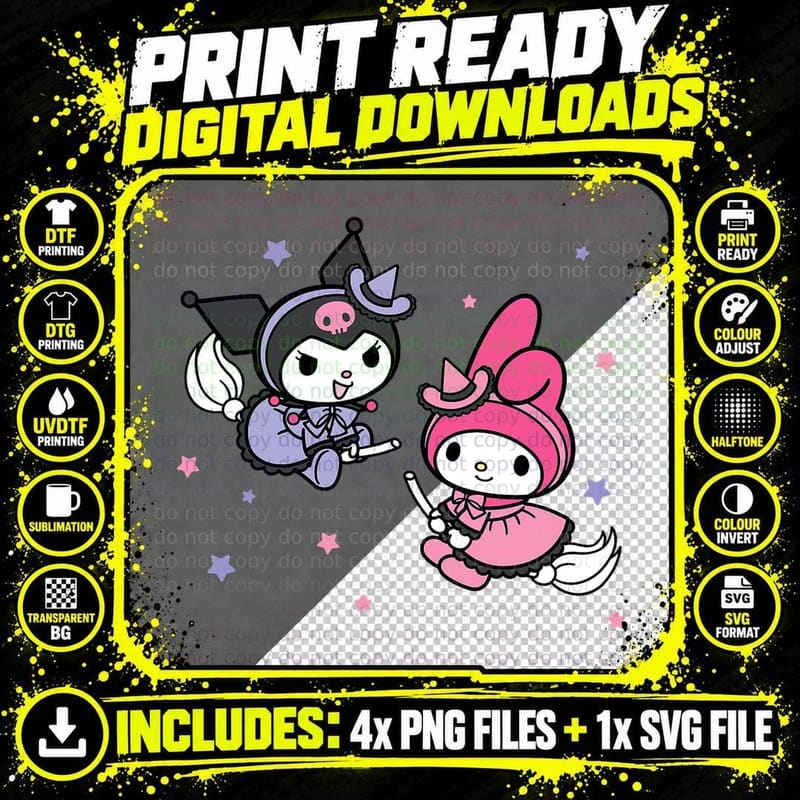 My Melody Kuromi Little Witches Halloween T-Shirt Png SVG Digital Bundle