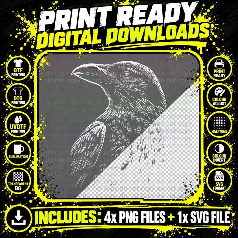 Mystical Raven Bird Occult Symbolism Nature Witch Motif Png SVG Digital Bundle