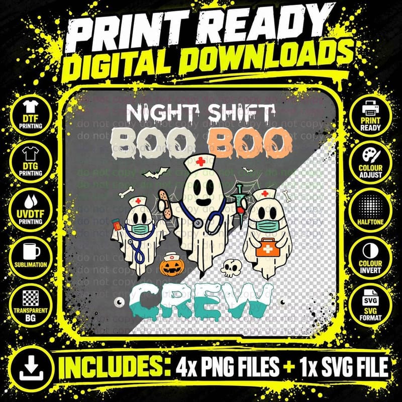 Night Shift Nurse Cute Health Worker Halloween Ghost Png SVG Digital Bundle