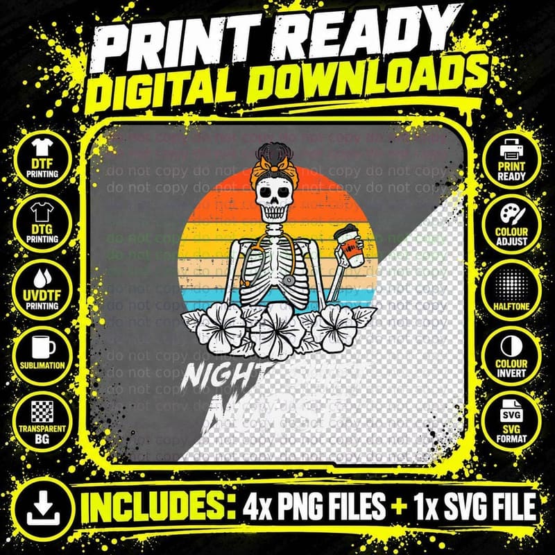 Night Shift Nurse Skeleton Retro Halloween Scrub Top Png SVG Digital Bundle