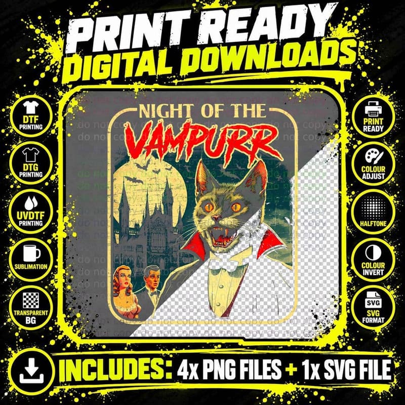 Night of the Vampurr Funny Cat Halloween T-Shirt Png SVG Digital Bundle