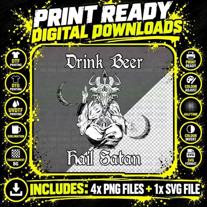 Occult Satanic Goth Horror Baphomet Drink Beer Hail Png SVG Digital Bundle