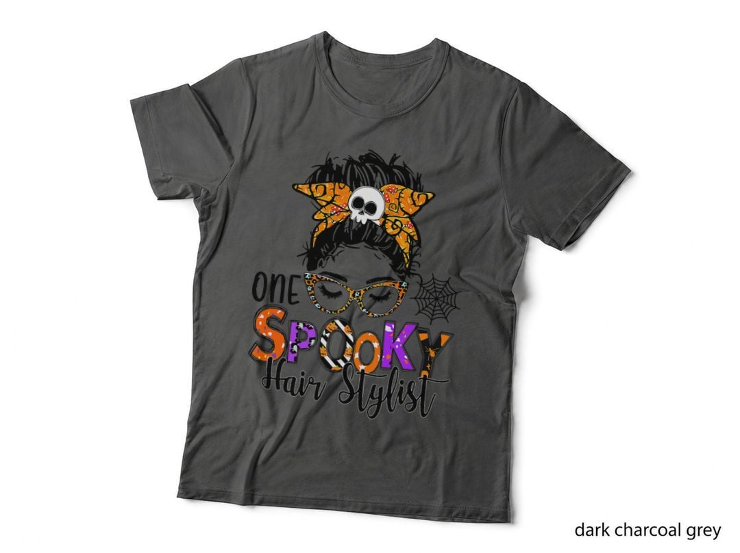 One Spooky Hair Stylist Skull Messy Bun Leopard Halloween T-Shirt