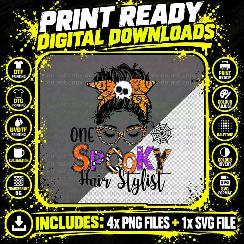 One Spooky Hair Stylist Skull Messy Bun Leopard Png SVG Digital Bundle