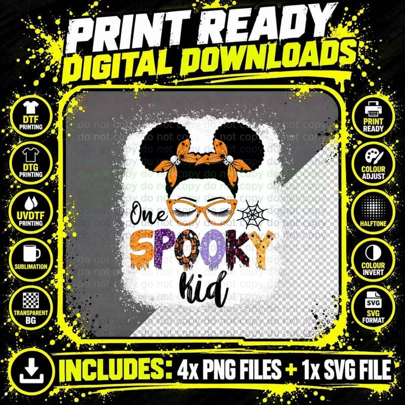One Spooky Kid Messy Bun Halloween Skulls Spider Funny Png SVG Digital Bundle