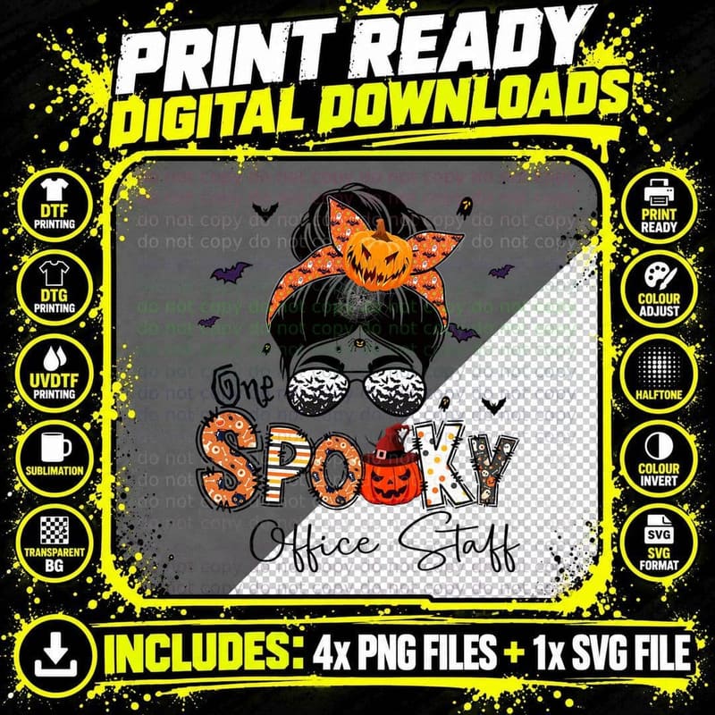 One Spooky Office Staff Messy Bun Women Pumpkin Png SVG Digital Bundle