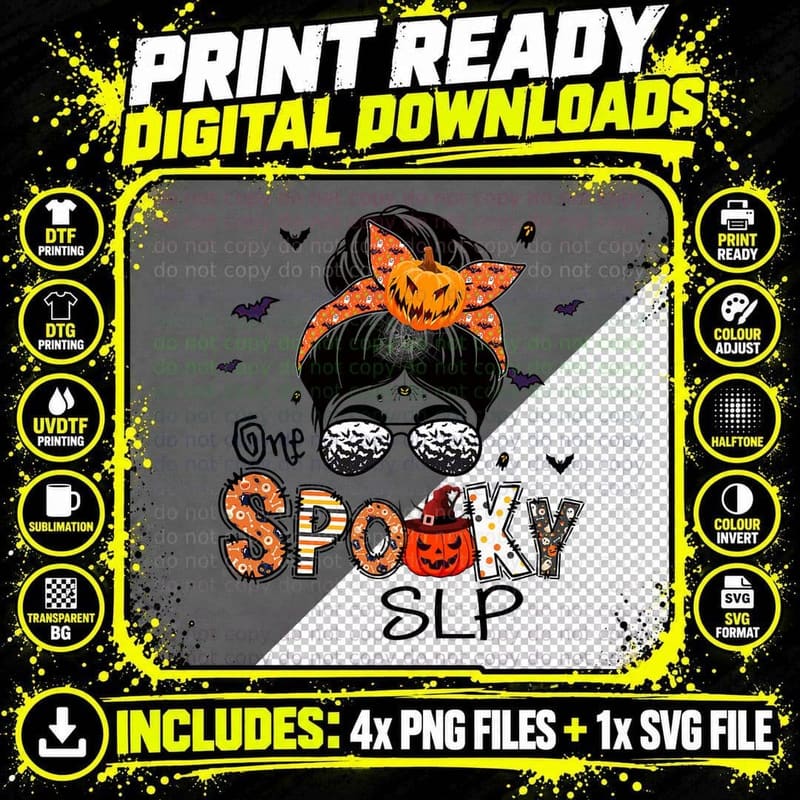 One Spooky SLP Messy Bun Women Witch Pumpkin Halloween Png SVG Digital Bundle