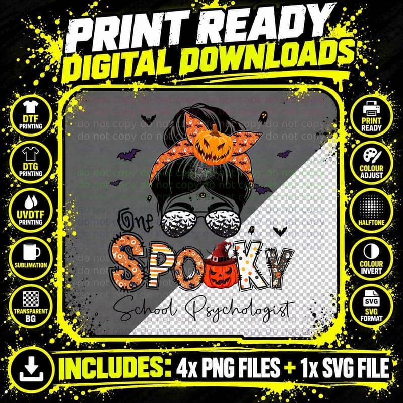 One Spooky School Psychologist Messy Bun Women Halloween Png SVG Digital Bundle