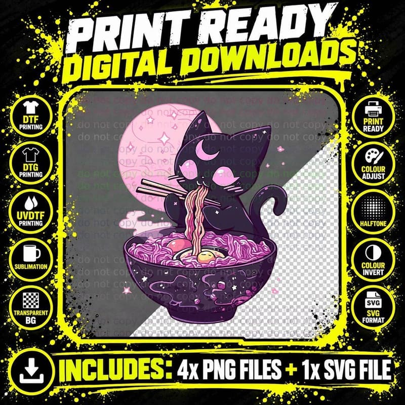 Pastel Goth Aesthetic Kawaii Creepy Cat Eating Ramen Png SVG Digital Bundle