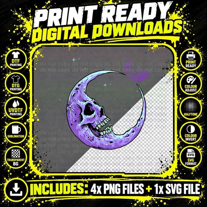 Pastel Goth Crescent Moon Phase Skull Celestial Png SVG Digital Bundle