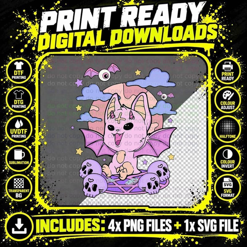 Pastel Goth Cute Demon Cat Creepy Kawaii Halloween Png SVG Digital Bundle
