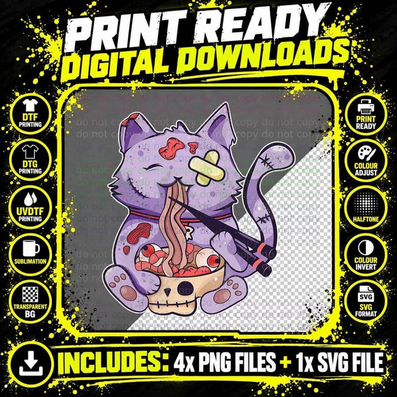 Pastel Goth Kawaii Creepy Cat Eating Ramen Noodles Png SVG Digital Bundle