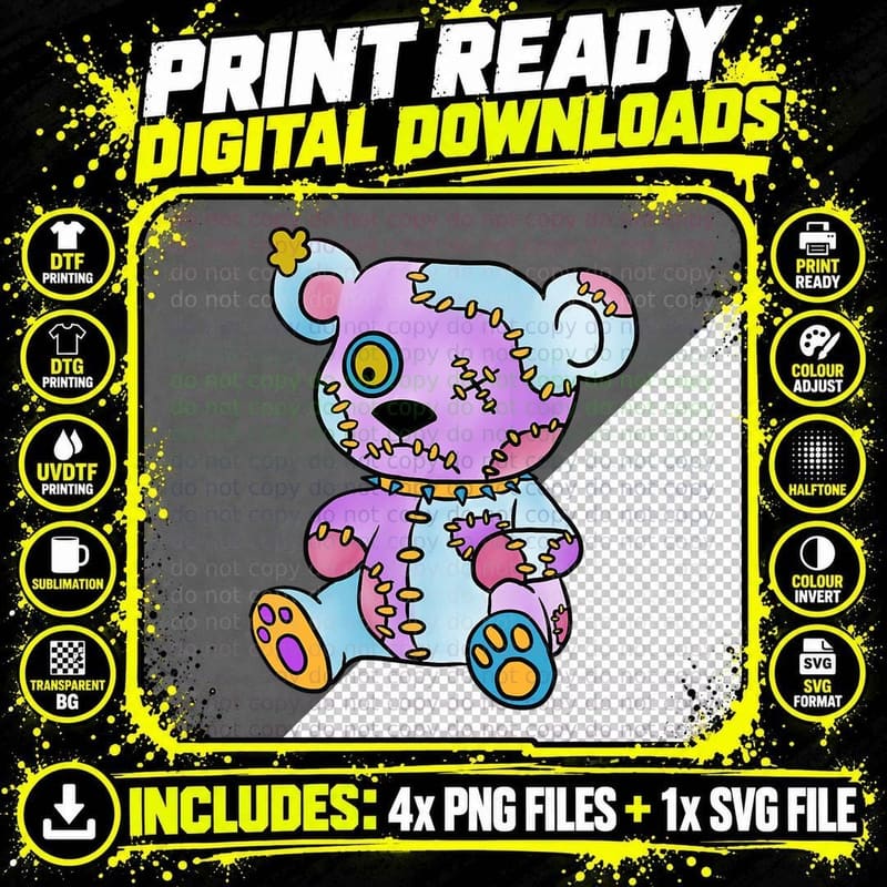 Patchwork Creepy Teddy Bear Voodoo Cute Goth T-Shirt Png SVG Digital Bundle