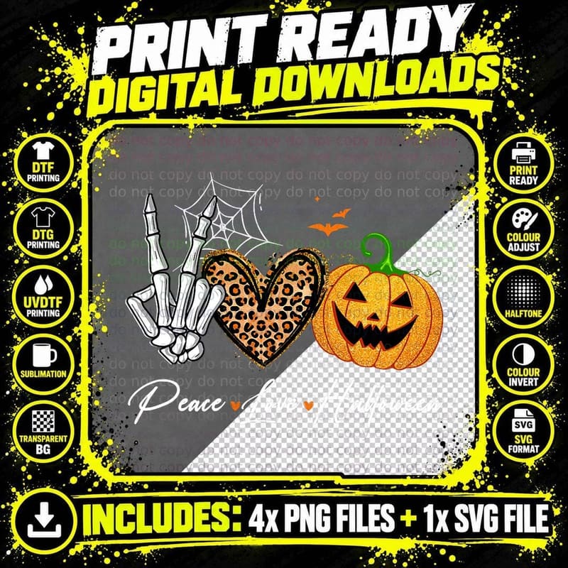 Peace Love Halloween Skeleton Fall Pumpkin Leopard Women Png SVG Digital Bundle