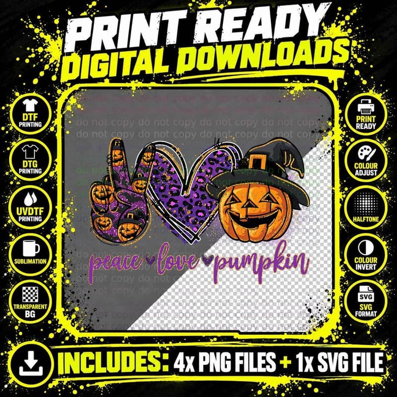 Peace Love Pumpkin Funny Leopard Happy Halloween T-Shirt Png SVG Digital Bundle