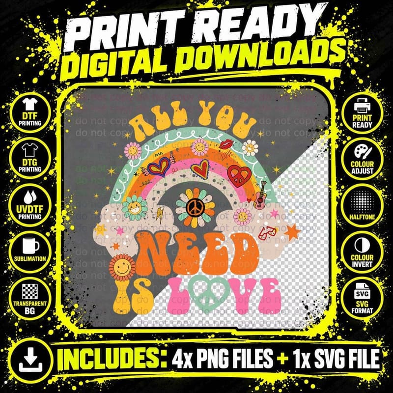 Peace Sign Love 60s 70s Hippie Groovy Vibes Halloween Png SVG Digital Bundle