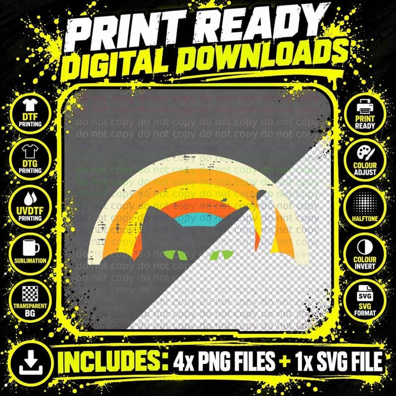 Peeping Black Cat Rainbow Vintage Halloween Men Women Png SVG Digital Bundle
