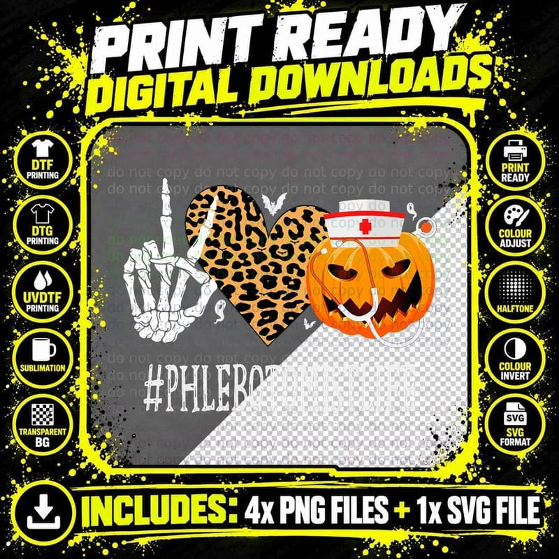 Phlebotomist Peace Love Pumpkin Funny Halloween Leopard Png SVG Digital Bundle