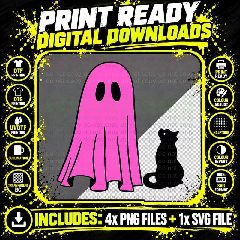 Pink Ghost and Black Cat Halloween Fall Season T-Shirt Png SVG Digital Bundle