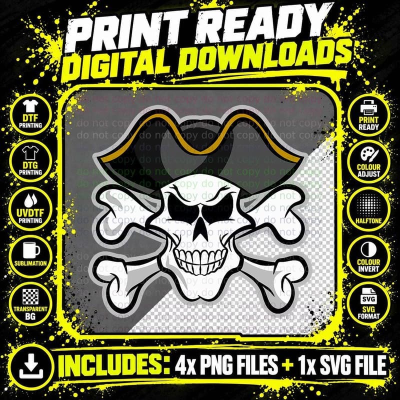 Pirate Captain Skull - Pirate Halloween T-Shirt Png SVG Digital Bundle