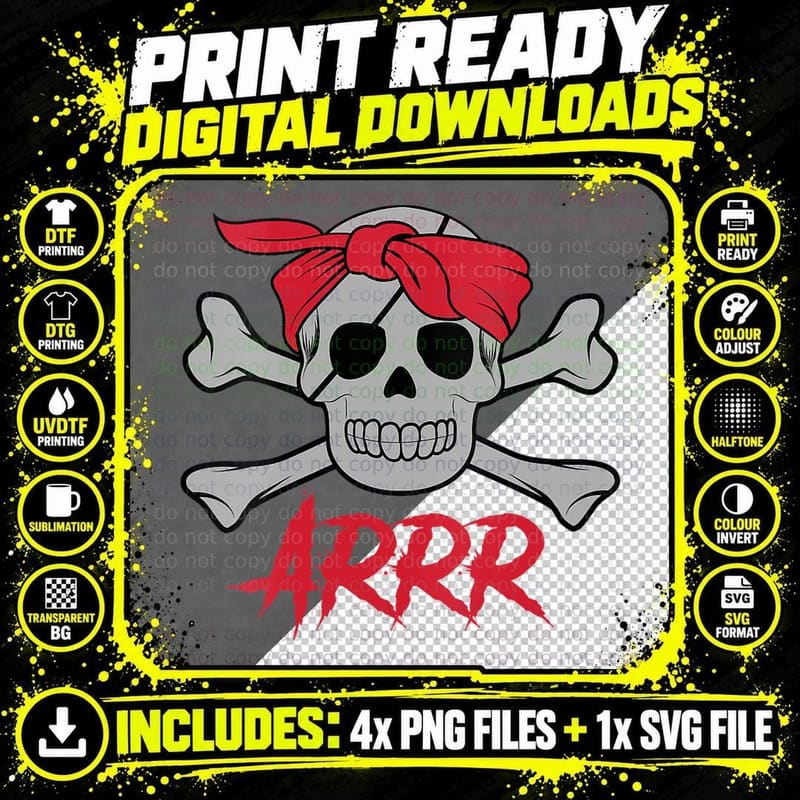 Pirate DEAD SKULL Wih Eye Patch Halloween Design Png SVG Digital Bundle