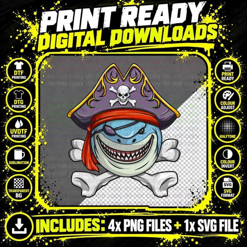 Pirate Shark Funny Cross Bones Halloween Costume T-Shirt Png SVG Digital Bundle