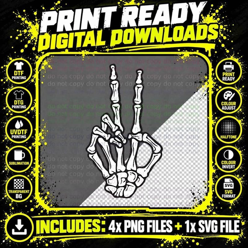 Pocket Skeleton Hand Peace Sign Halloween Hippie Png SVG Digital Bundle