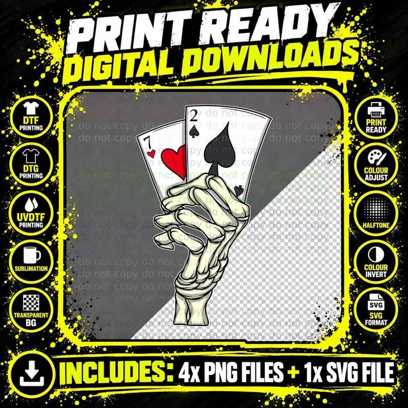Poker Men Skeleton Hand 7 2 Poker Cards Poker Player Png SVG Digital Bundle