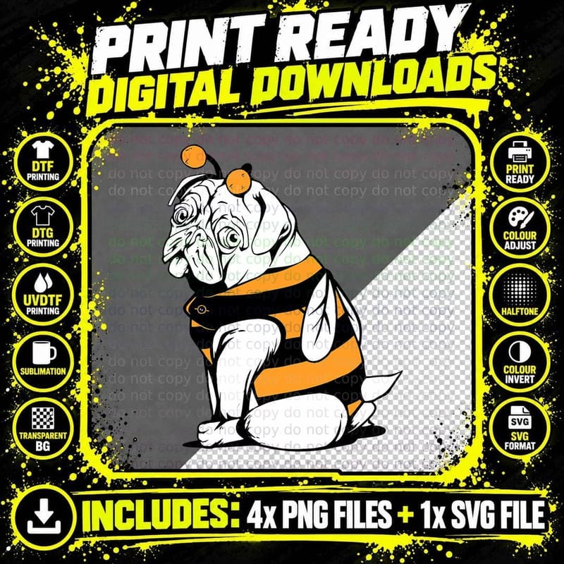 Pug Bee Dog Cute Pugging Bumblebee Halloween Costume Png SVG Digital Bundle