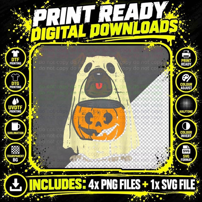 Pug Ghost Pumpkin Funny Halloween Costume Dog Owner Png SVG Digital Bundle