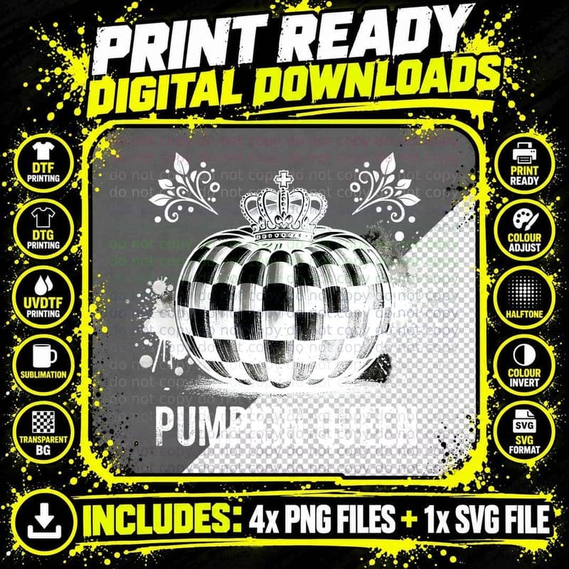Pumpkin Queen Checkered Crown, Minimalist, Everyday Wear Png SVG Digital Bundle