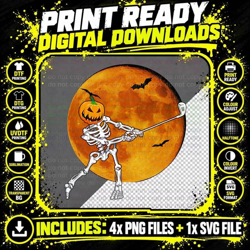 Pumpkin Skeleton Golf Halloween Golfing Golfer T-Shirt Png SVG Digital Bundle
