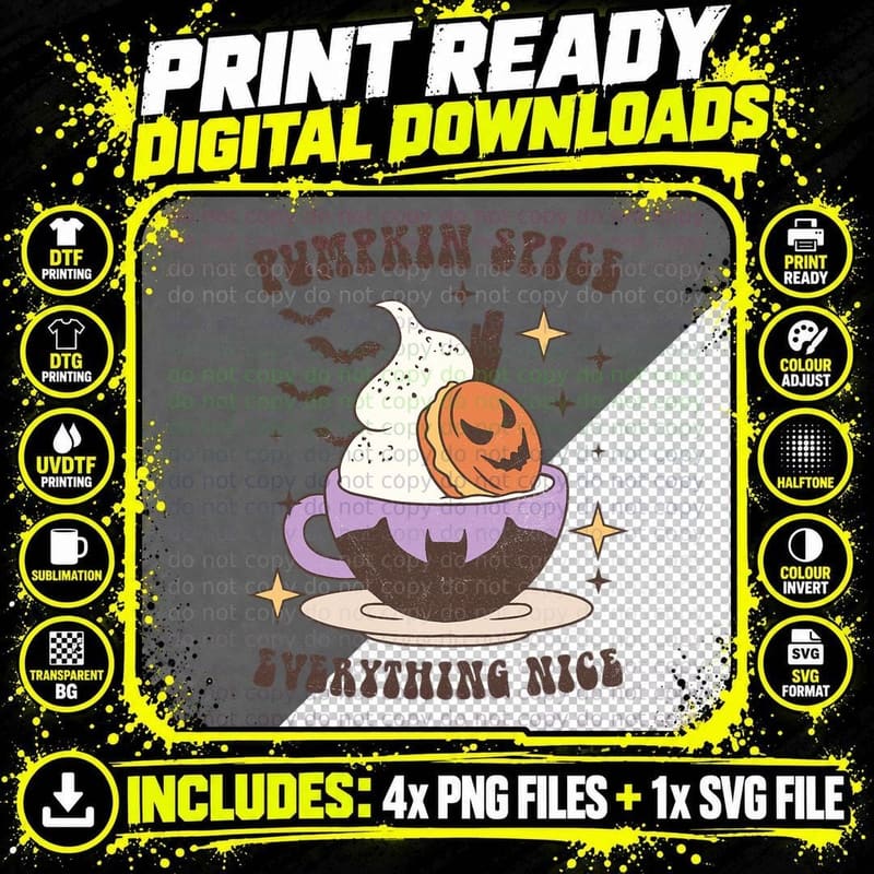 Pumpkin Spice Everything Nice, Cute Retro Halloween Png SVG Digital Bundle