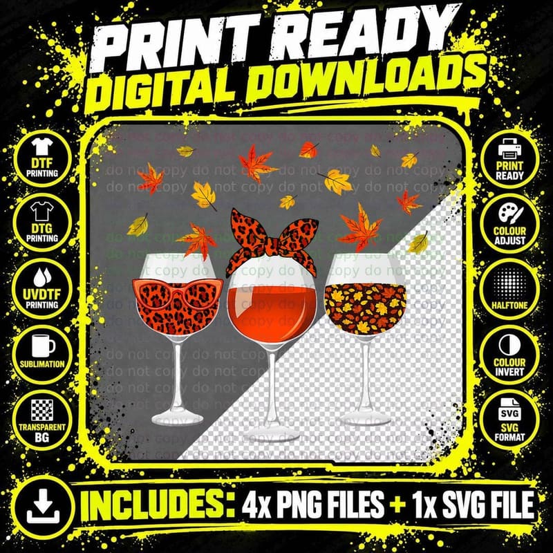 Pumpkin Wine Glass Leopard Autumn Leaves Happy Fall Png SVG Digital Bundle