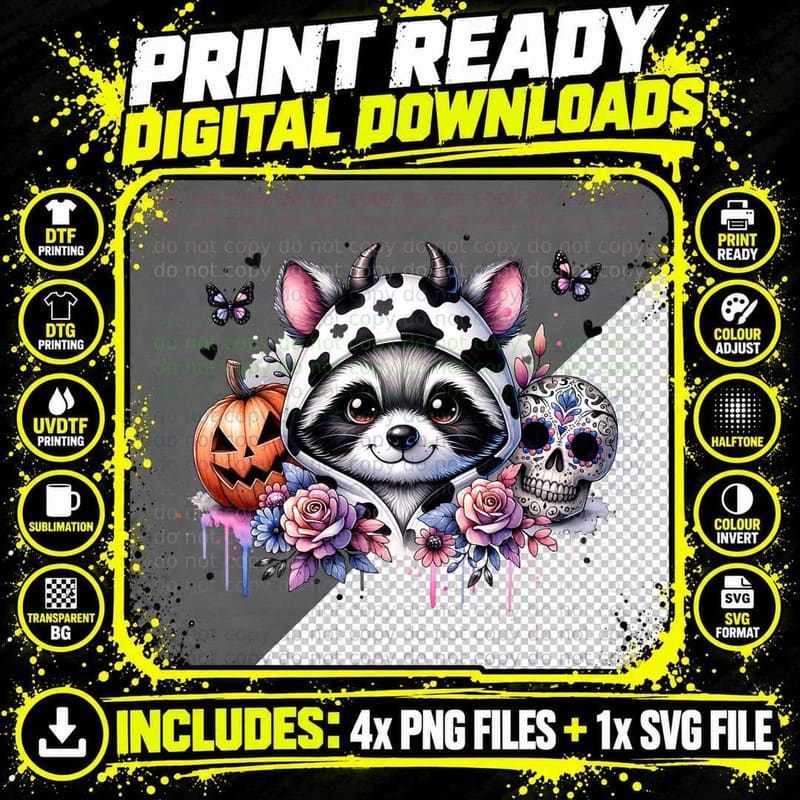 Raccoon Dressed as a Cow for Halloween, Horror Png SVG Digital Bundle