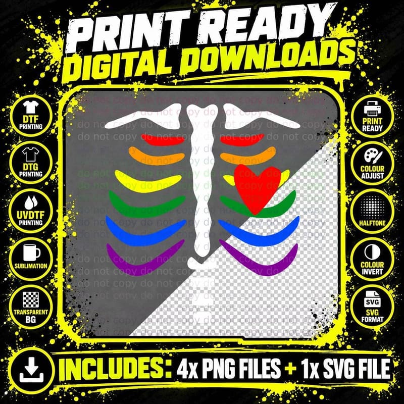 Rainbow Skeleton Ribcage Gay Uncle Lesbian LGBT Pride Png SVG Digital Bundle