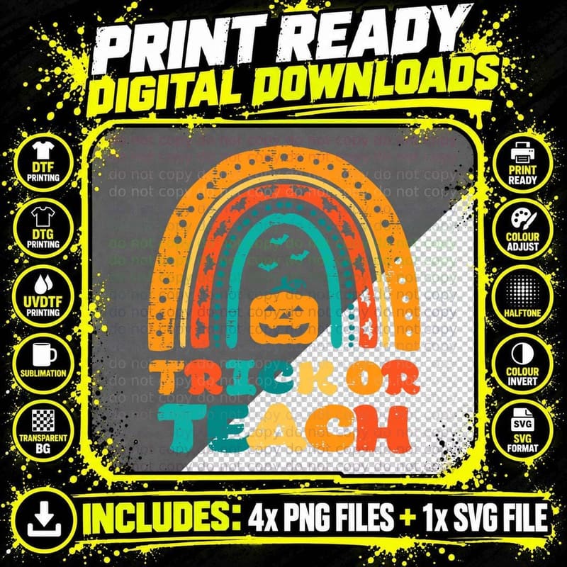 Rainbow Trick or Teach Retro Halloween Costume Teacher Png SVG Digital Bundle
